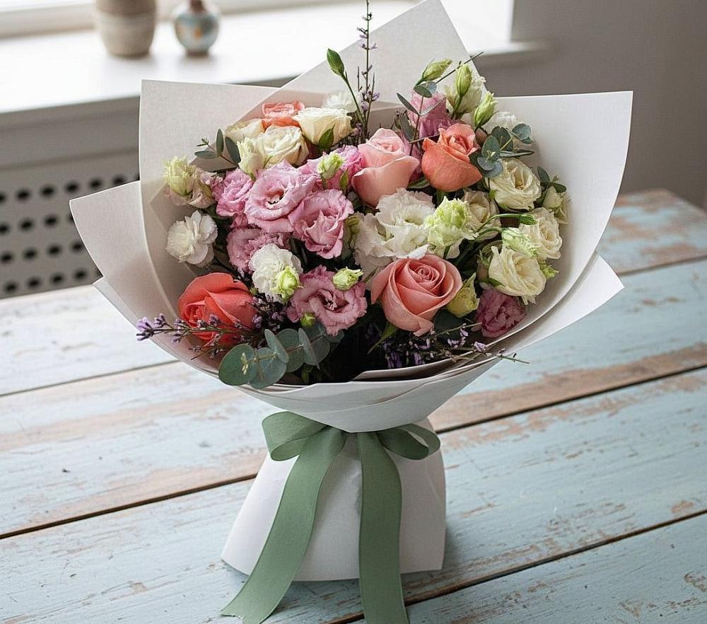 Букет цветов из: Розы, Лизиантусы и Гвоздики в Беляевка