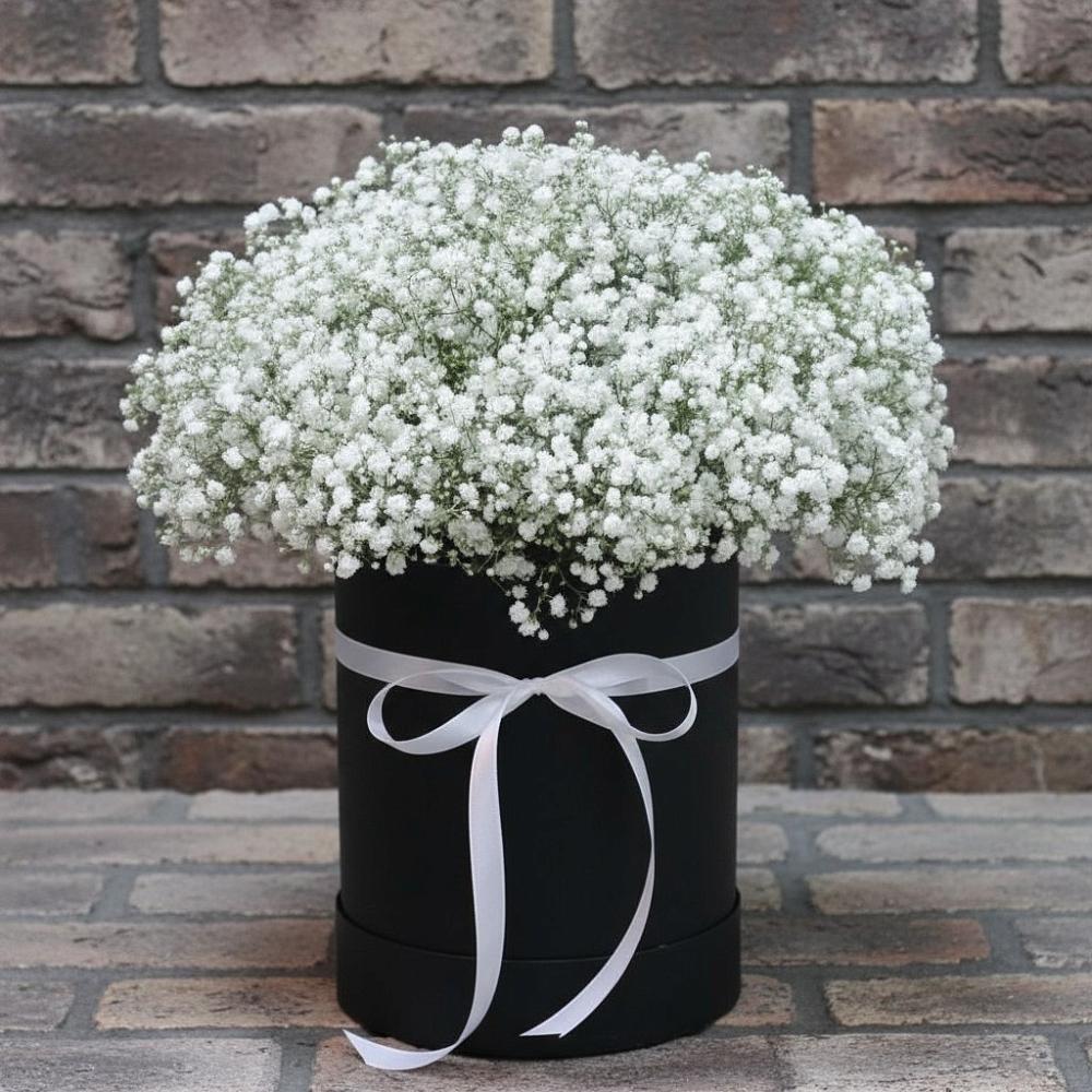 Цветочная композиция из Гипсофила в шляпной коробке в Беляевка