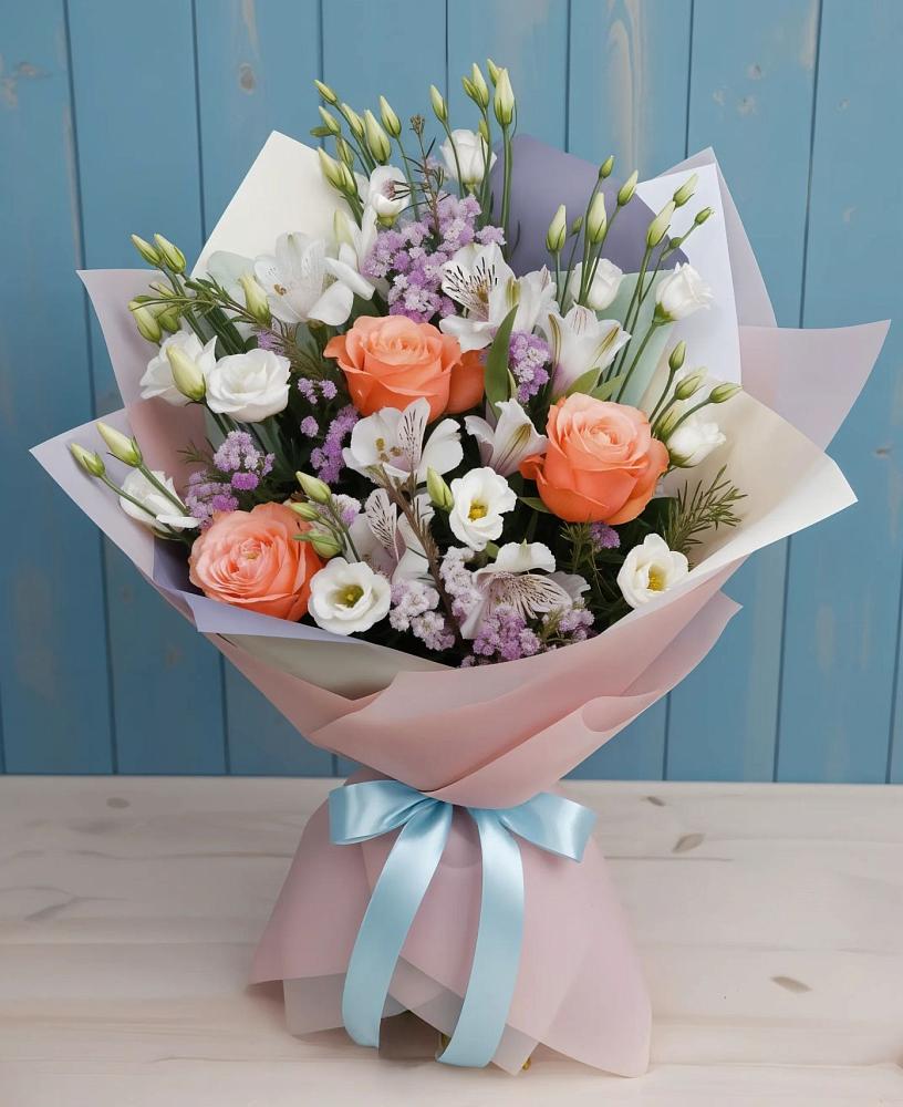 Букет цветов из: Лизиантусы, Розы, Альстромерии и Гипсофила в Беляевка