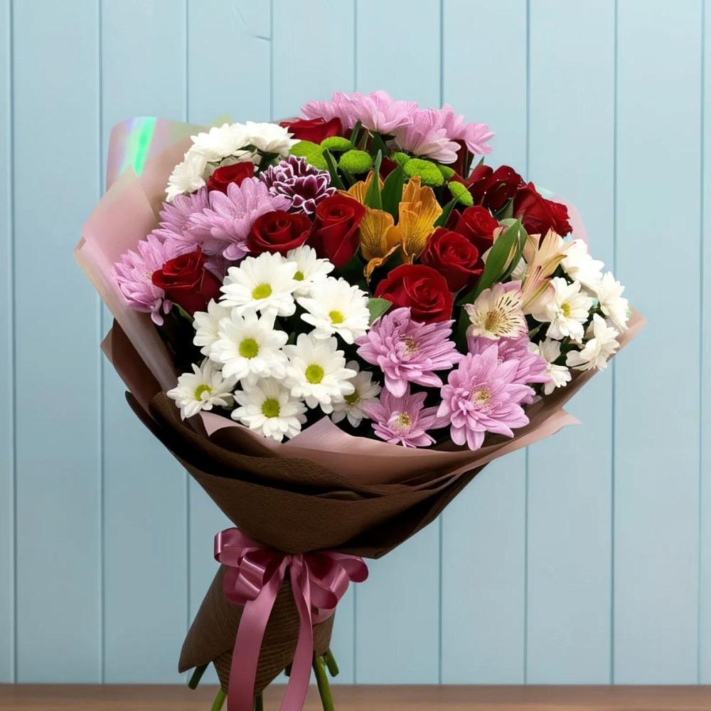 Букет цветов из: Розы, Хризантемы и Альстромерии в Беляевка